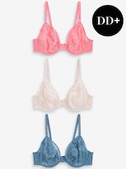 Coral Pink/Blue/Cream Non Pad Plunge DD+ Non Pad Plunge Lace & Mesh Bras 3 Pack - Image 1 of 8