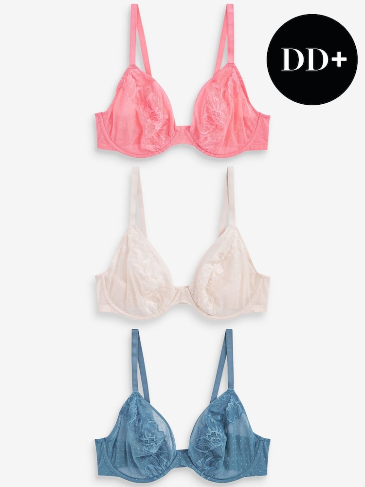 Coral Pink/Blue/Cream Non Pad Plunge DD+ Non Pad Plunge Lace & Mesh Bras 3 Pack - Image 1 of 8 Coral Pink/Blue/Cream Non Pad Plunge DD+ Non Pad Plunge Lace & Mesh Bras 3 Pack - Image 1 of 8