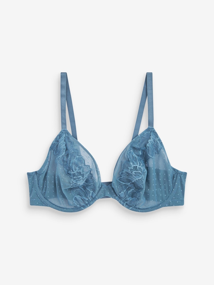 Coral Pink/Blue/Cream Non Pad Plunge DD+ Non Pad Plunge Lace & Mesh Bras 3 Pack - Image 2 of 8