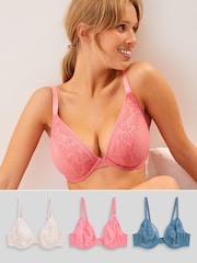 Coral Pink/Blue/Cream Non Pad Plunge DD+ Non Pad Plunge Lace & Mesh Bras 3 Pack - Image 6 of 8