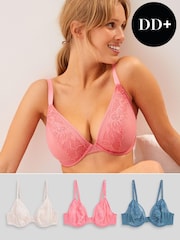 Coral Pink/Blue/Cream Non Pad Plunge DD+ Non Pad Plunge Lace & Mesh Bras 3 Pack - Image 8 of 8