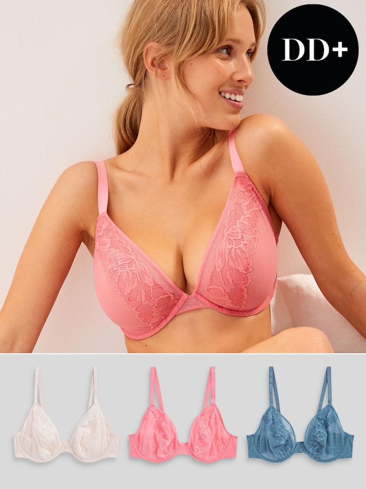 Coral Pink/Blue/Cream Non Pad Plunge DD+ Non Pad Plunge Lace & Mesh Bras 3 Pack - Image 8 of 8