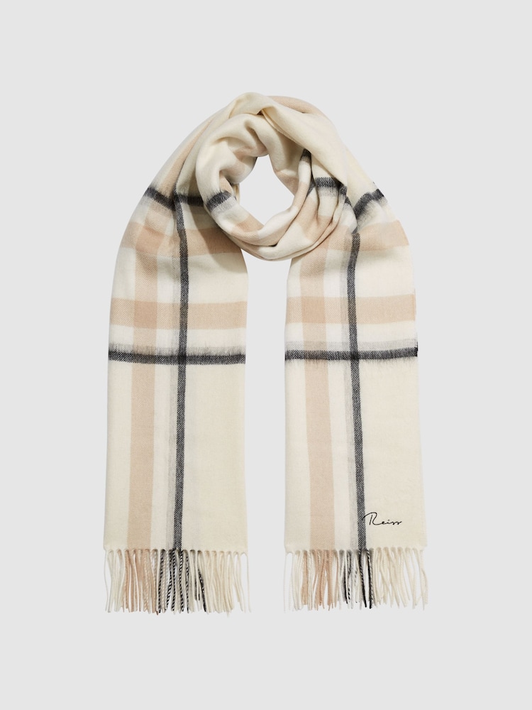 Reiss Neutral Calyn Cashmere Blend Checked Scarf - Image 1 of 4