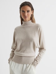 Reiss Stone Frankie Ruched Sleeve Wool-Cashmere Roll Neck Jumper - Image 1 of 7