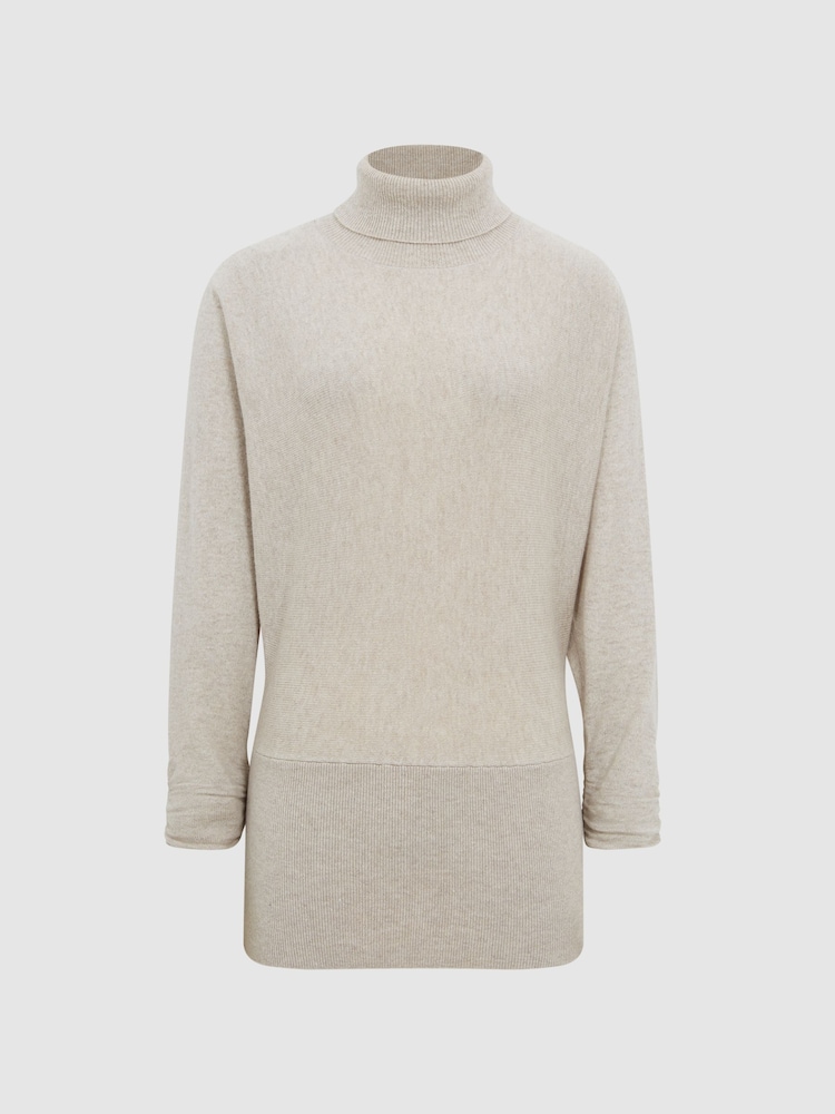 Reiss Stone Frankie Ruched Sleeve Wool-Cashmere Roll Neck Jumper - Image 2 of 7