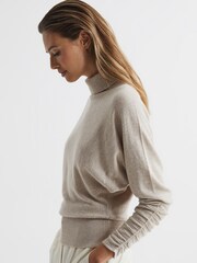 Reiss Stone Frankie Ruched Sleeve Wool-Cashmere Roll Neck Jumper - Image 6 of 7