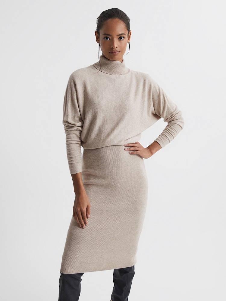 Reiss Oatmeal Fallon Wool Blend Roll Neck Dress - Image 7 of 7