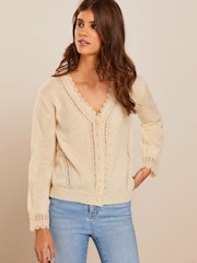 Ecru Cream Scallop Detail Lace Trim Cardigan - Image 1 of 6
