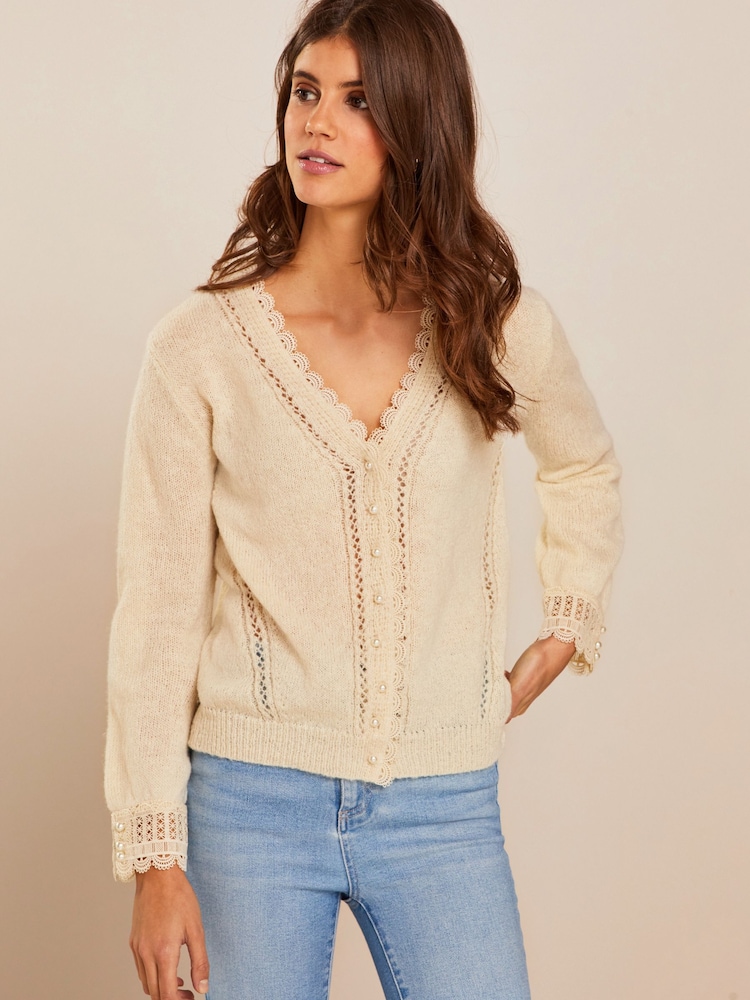 Ecru Cream Scallop Detail Lace Trim Cardigan - Image 1 of 6