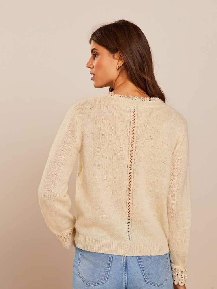 Ecru Cream Scallop Detail Lace Trim Cardigan - Image 2 of 6