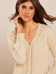 Ecru Cream Scallop Detail Lace Trim Cardigan - Image 4 of 6