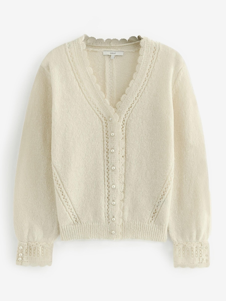 Ecru Cream Scallop Detail Lace Trim Cardigan - Image 6 of 6