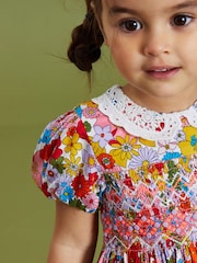 Multi Bright Retro Printed Lace Collar Shirred Cotton Dress (3mths-8yrs) - Image 4 of 6