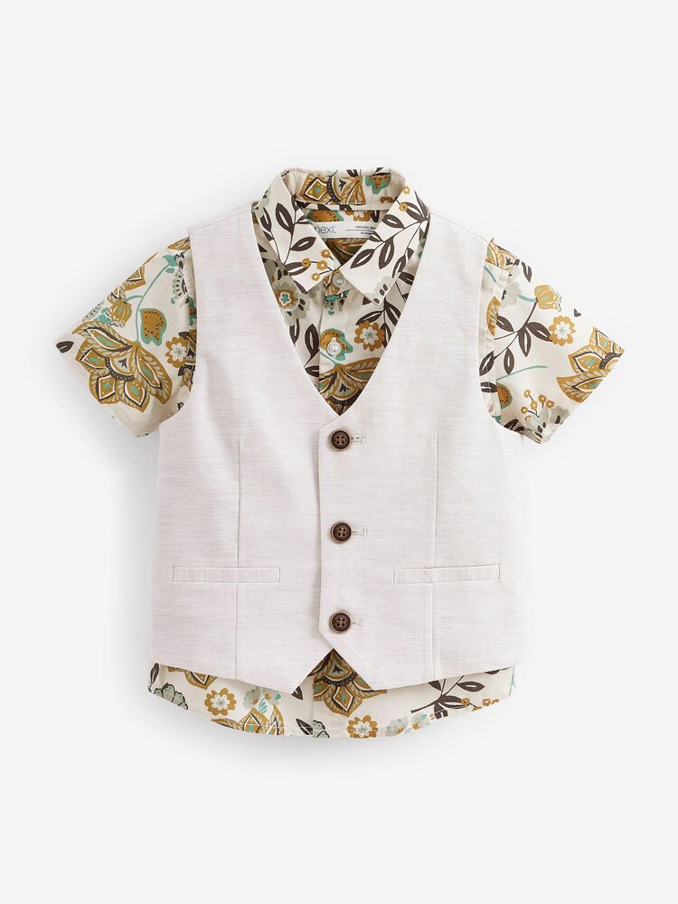 écru imprimé tropical - Ensemble 2pc gilet et chemise (3 mois-9 ans) - Image 2 of 3
