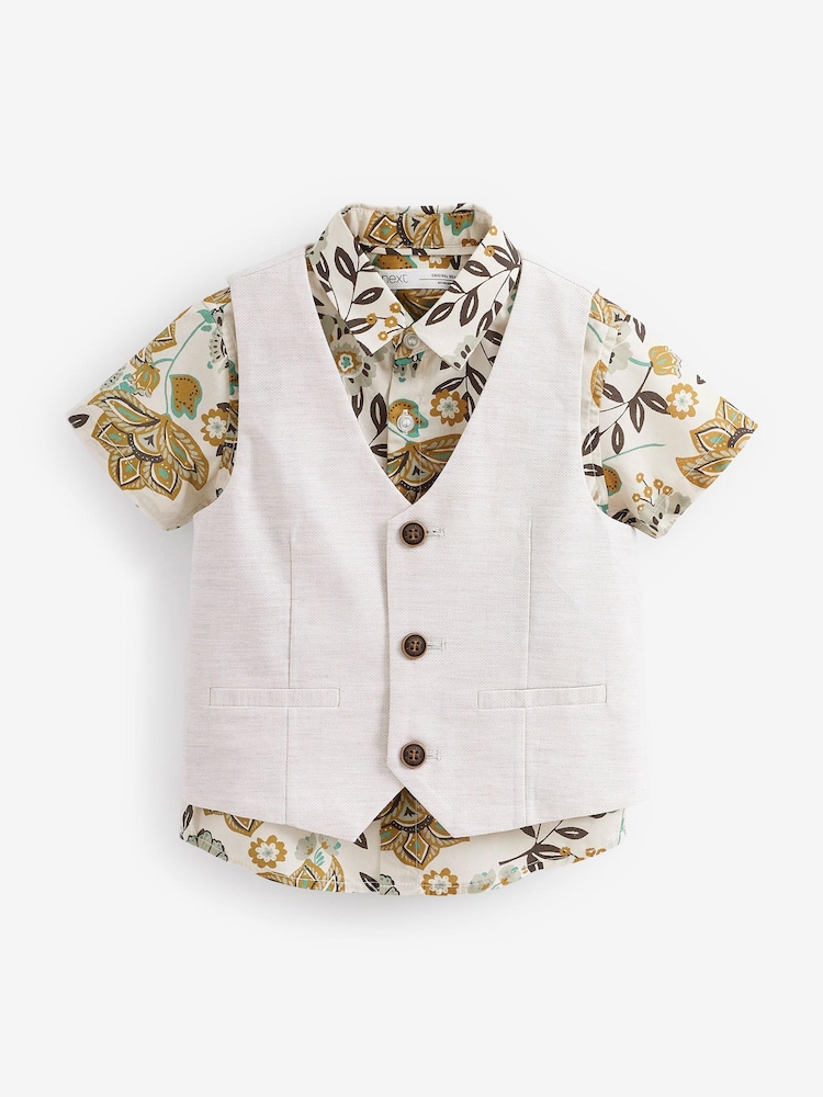 Ecru Tropical Print 2pc Waistcoat & Shirt Set (3mths-9yrs) - Image 2 of 3 Ecru Tropical Print 2pc Waistcoat & Shirt Set (3mths-9yrs) - Image 2 of 3