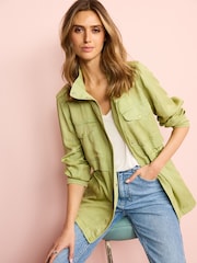 Soft Khaki Green Relaxed Utility Jacket with Patch Pockets - Image 1 of 6