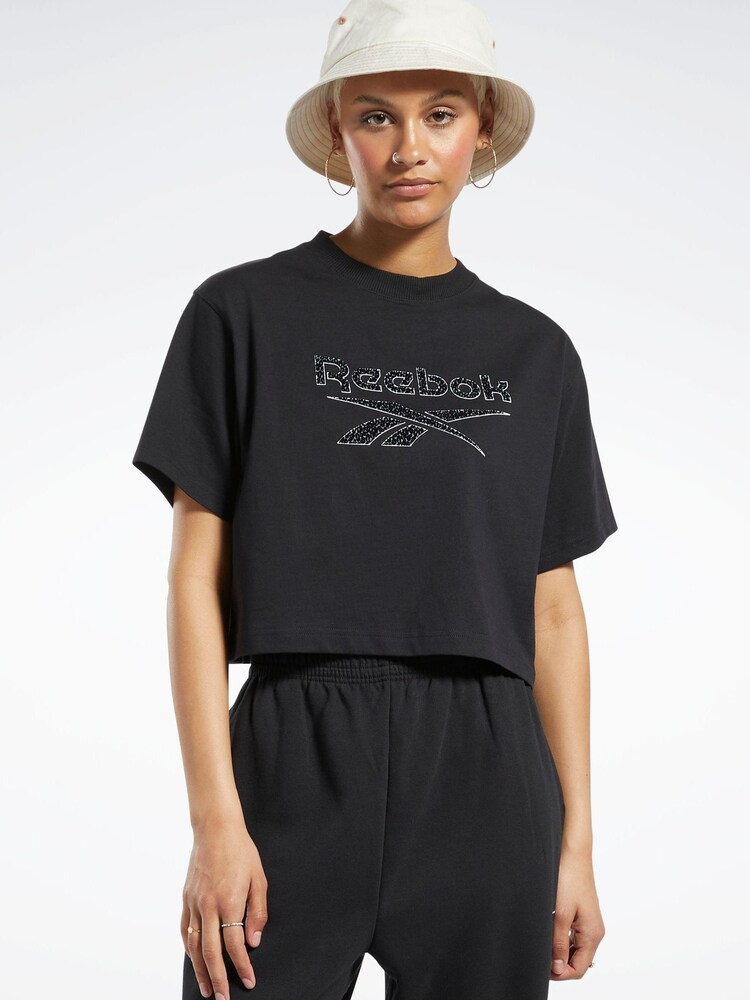 Reebok Classics Leopard 100% Cotton Black T-Shirt - Image 1 of 7