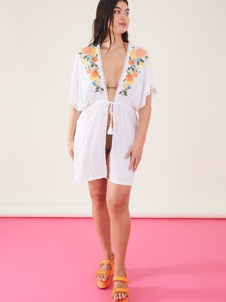 Accessorize Natural Lemon and Orange Embroidered Open Back Kaftan - Image 1 of 4