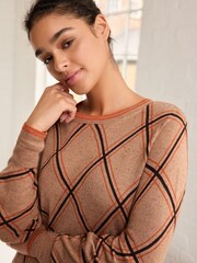 Camel Brown Check Printed Round Neck Jumper - Image 1 of 6