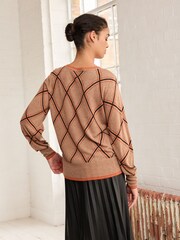 Camel Brown Check Printed Round Neck Jumper - Image 3 of 6
