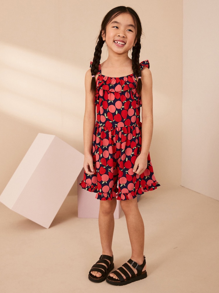 Red Apple Print Frill Playsuit (3-16yrs) - Image 1 of 6 Red Apple Print Frill Playsuit (3-16yrs) - Image 1 of 6