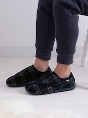 Totes Navy Check Isotoner Mens Velour Closed Back Slippers With Touch Fastening Opening - Image 1 of 5
