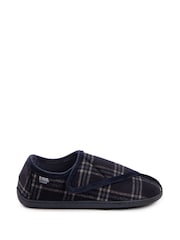 Totes Navy Check Isotoner Mens Velour Closed Back Slippers With Touch Fastening Opening - Image 2 of 5