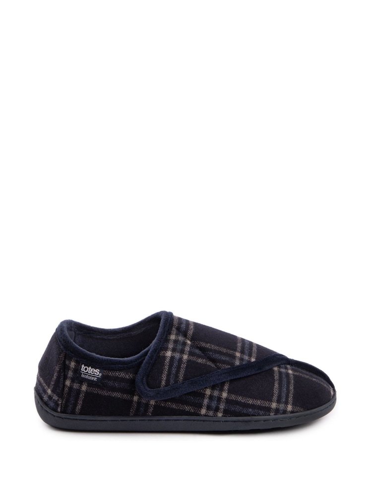 Totes Navy Check Isotoner Mens Velour Closed Back Slippers With Touch Fastening Opening - Image 2 of 5