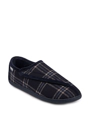 Totes Navy Check Isotoner Mens Velour Closed Back Slippers With Touch Fastening Opening - Image 3 of 5