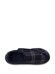 Totes Navy Check Isotoner Mens Velour Closed Back Slippers With Touch Fastening Opening - Image 4 of 5