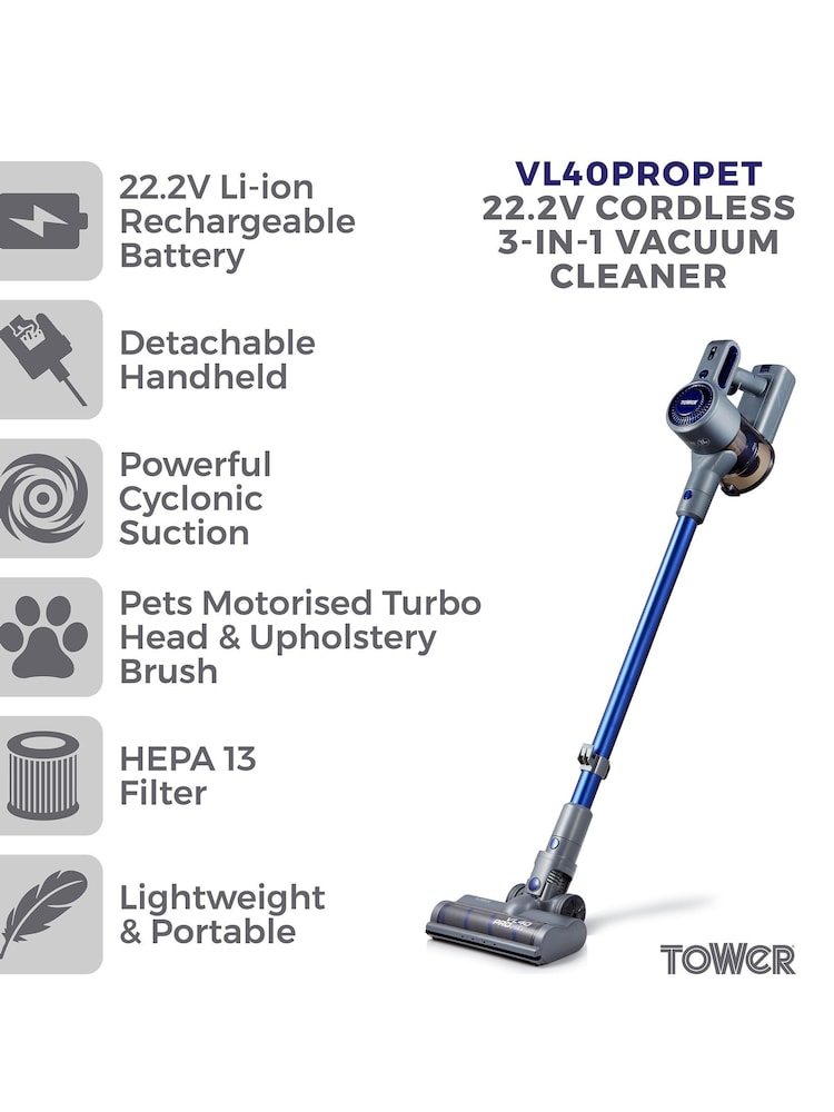 Tower Blue VL40 Pro Pet Cordless Vacuum - Image 1 of 8