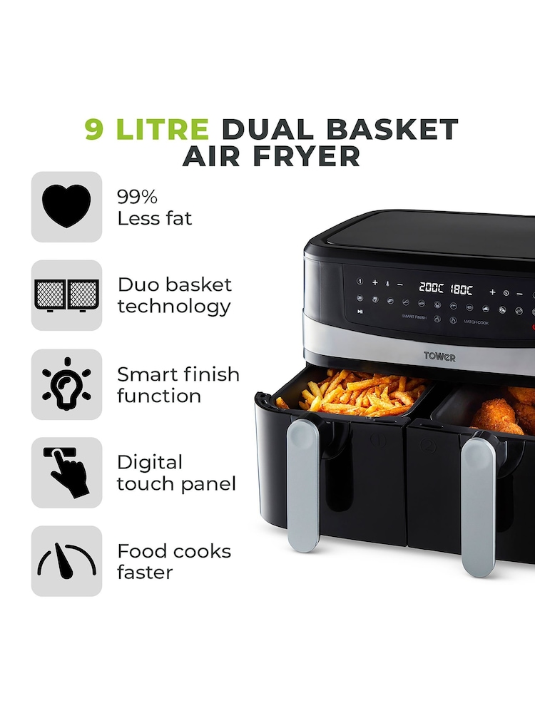 Tower Black 9L Dual Basket Airfryer - Image 2 of 8