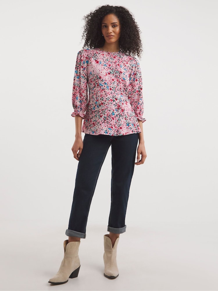JD Williams Pink Floral Three Quarter Sleeve Empire Seam Tea Top - Image 2 of 4