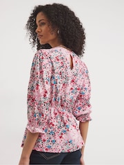 JD Williams Pink Floral Three Quarter Sleeve Empire Seam Tea Top - Image 3 of 4