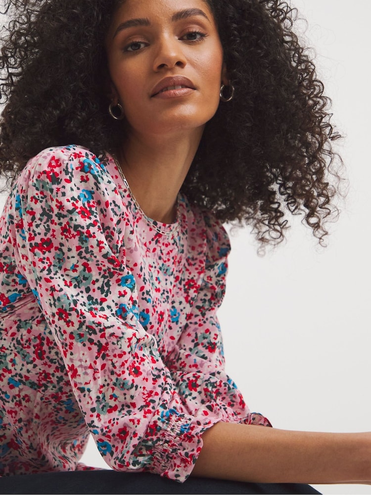 JD Williams Pink Floral Three Quarter Sleeve Empire Seam Tea Top - Image 4 of 4