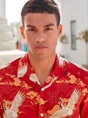 Red Short Sleeve Printed Shirt With Cuban Collar - Image 1 of 6