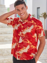 Red Short Sleeve Printed Shirt With Cuban Collar - Image 4 of 6