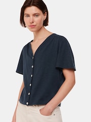 Whistles Blue 100% Cotton V-Neck Maeve Button Front T-Shirt - Image 3 of 5