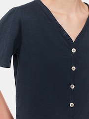 Whistles Blue 100% Cotton V-Neck Maeve Button Front T-Shirt - Image 4 of 5