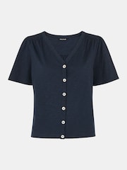 Whistles Blue 100% Cotton V-Neck Maeve Button Front T-Shirt - Image 5 of 5