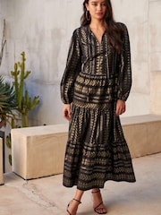 Črna/zlata - Srednje dolga kaftan obleka iz žakarja - Slika 1 iz 5