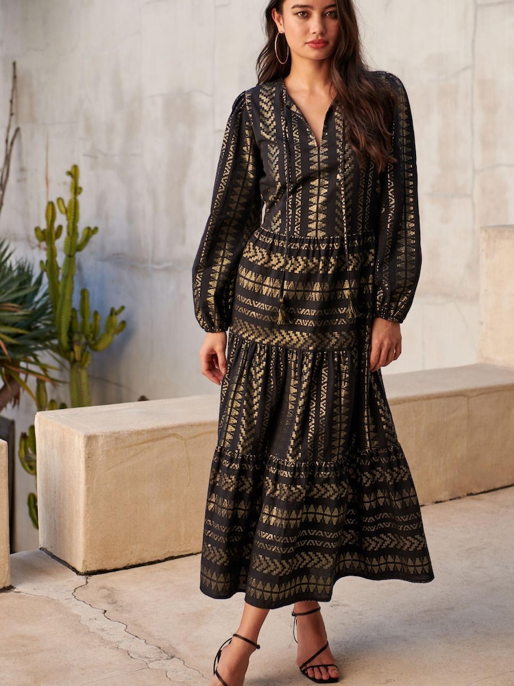 Črna/zlata - Srednje dolga kaftan obleka iz žakarja - Slika 1 iz 5 Črna/zlata - Srednje dolga kaftan obleka iz žakarja - Slika 1 iz 5