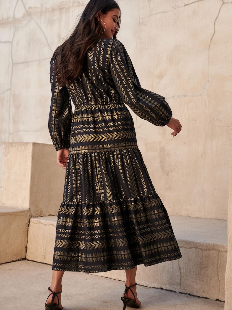 Črna/zlata - Srednje dolga kaftan obleka iz žakarja - Slika 2 iz 5 Črna/zlata - Srednje dolga kaftan obleka iz žakarja - Slika 2 iz 5