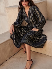 Črna/zlata - Srednje dolga kaftan obleka iz žakarja - Slika 3 iz 5