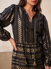 Črna/zlata - Srednje dolga kaftan obleka iz žakarja - Slika 4 iz 5