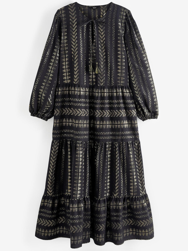 Črna/zlata - Srednje dolga kaftan obleka iz žakarja - Slika 5 iz 5 Črna/zlata - Srednje dolga kaftan obleka iz žakarja - Slika 5 iz 5