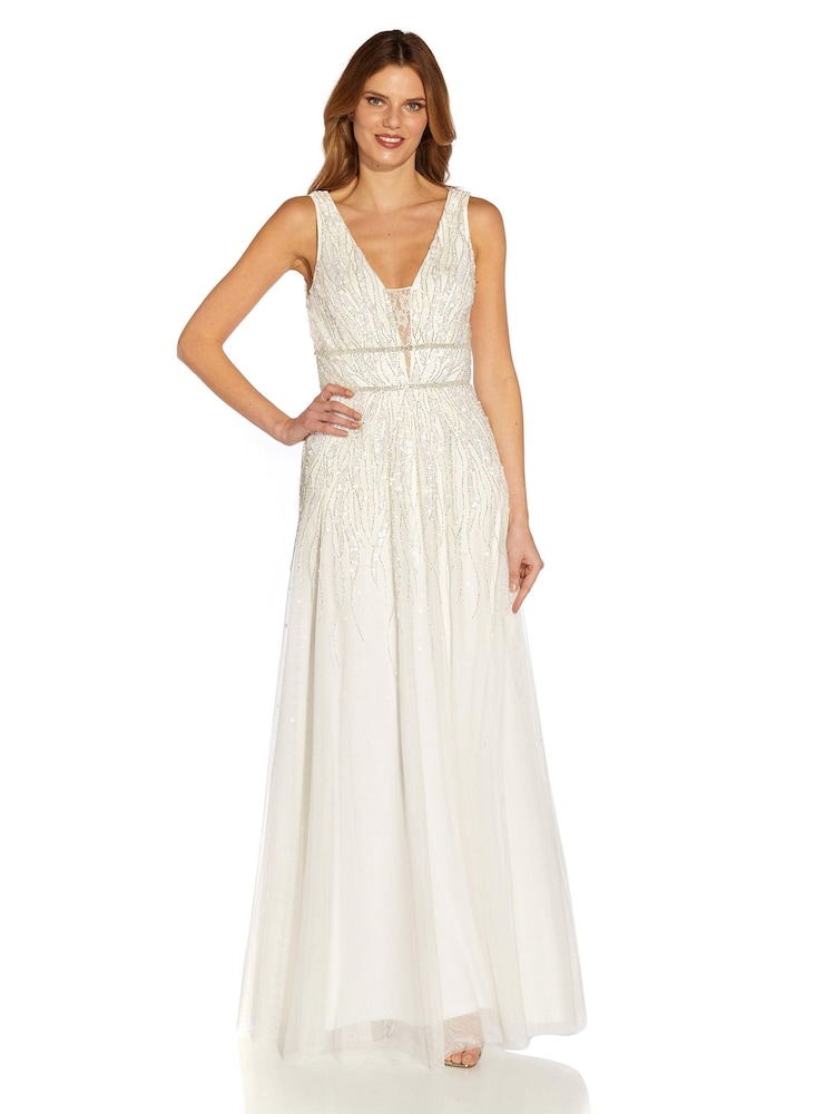 Adrianna Papell Abendkleid aus Chiffon und Netzstoff mit Perlenverzierung, Weiß - Bild 1 von 3