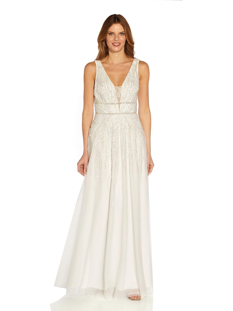 Adrianna Papell Abendkleid aus Chiffon und Netzstoff mit Perlenverzierung, Weiß - Bild 3 von 3