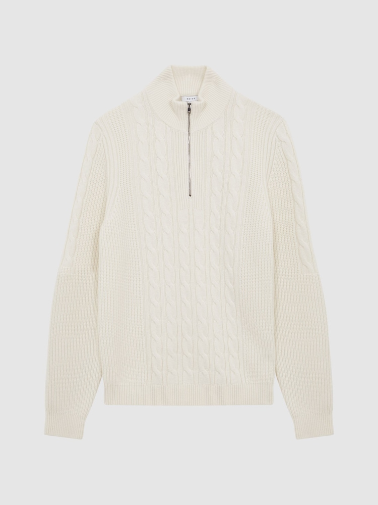 Reiss Ecru Rosso Cable Knit Half Zip Funnel Neck Jumper - Image 2 of 6 Reiss Ecru Rosso Cable Knit Half Zip Funnel Neck Jumper - Image 2 of 6