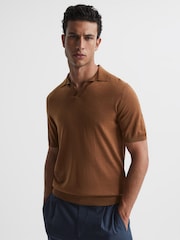 Reiss Camel Malbec Open Collar Silk Merino Polo Shirt - Image 1 of 6